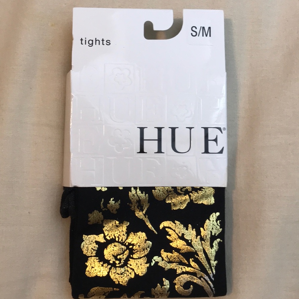 HUE S/M tights: Black with metallic gold floral